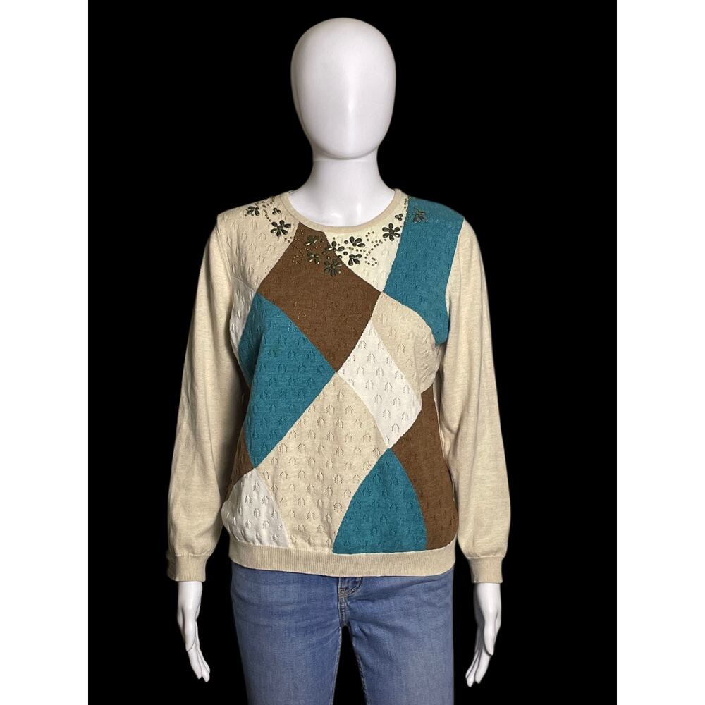 Alfred Dunner Beige Teal and Brown Blocks Pullover Women Sweater Petite Large